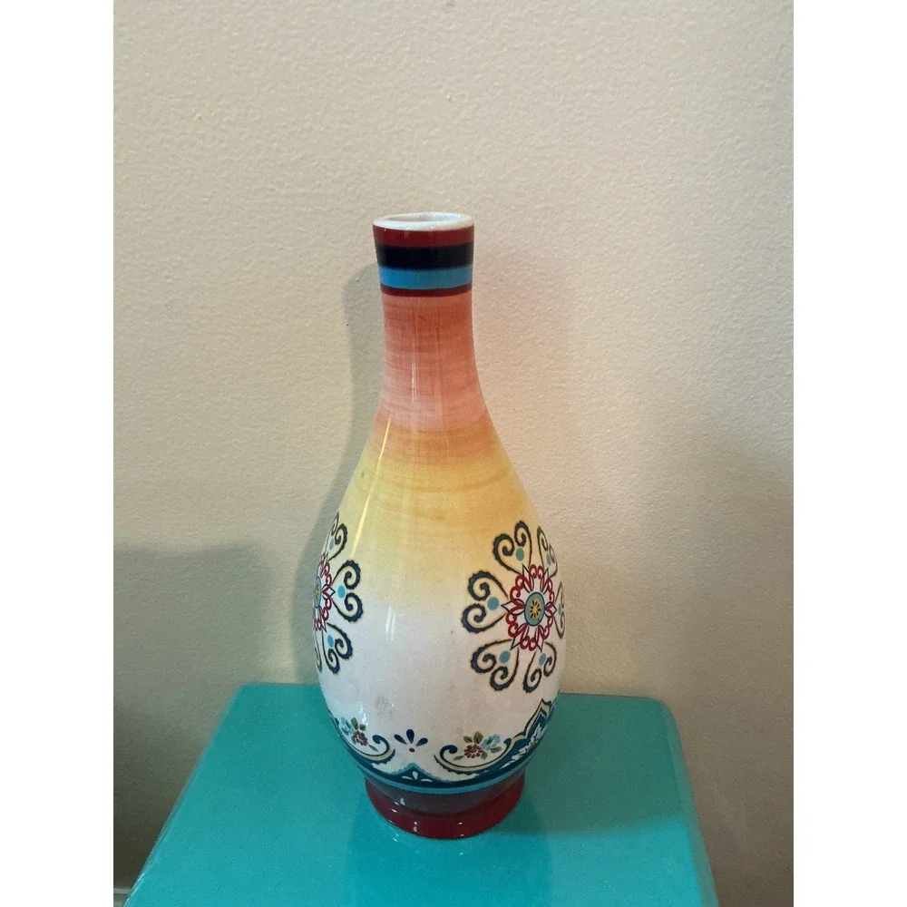 Vintage Bella Casa Ceramic Vase Multicolor‎ Mediterranean Floral Medallion 9.5